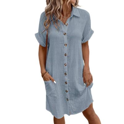 Summer Women Dress Turn-down Collar Single-breasted Loose Solid Color Cardigan Short Sleeves Buttons Side Pocket Knee Length Casual Lady Midi Dress