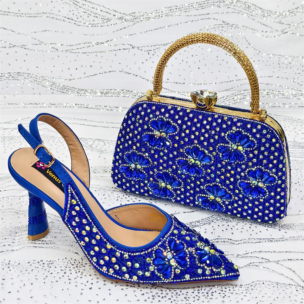 E-commerce Ladies' High Heels & Bag Set: Pointed Toe, Full Diamond Design, 3D Flower Accents, Matching Small Square Bag