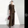 Elegant Coffee-Colored Collarless Skirt Suit for Women with Waist-Cinching Belt - Perfect for Urban Professional Style and Commuting.