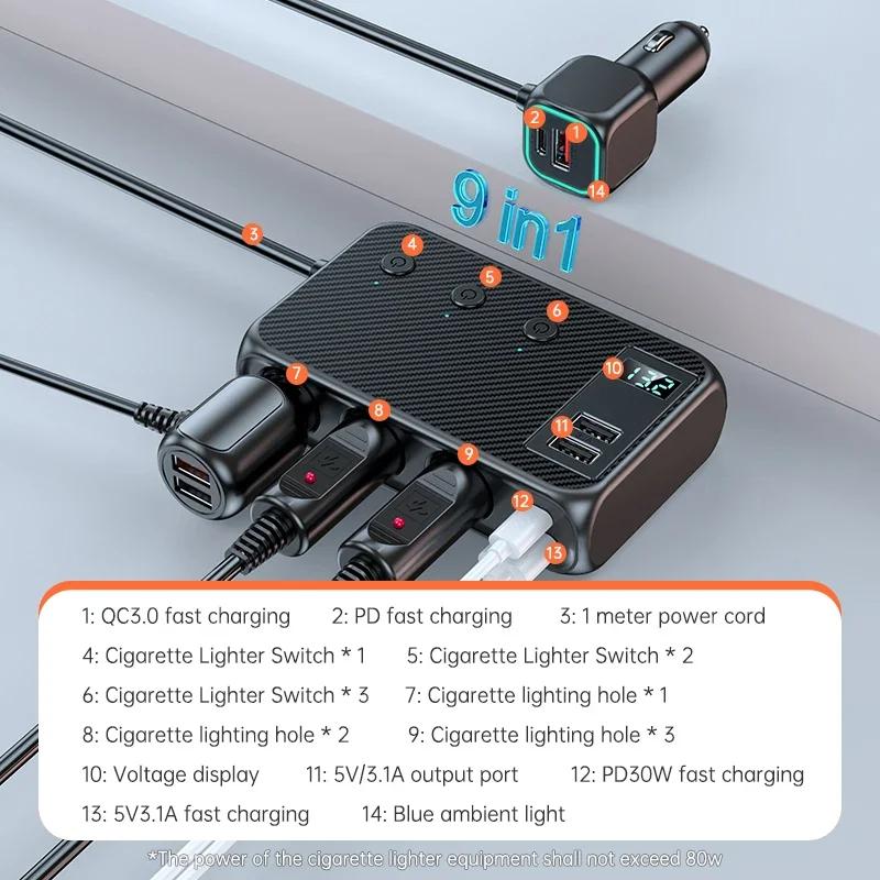 128W Car Charger Adapter 9 Port 4 USBQuick Charging PD 30W/QC 3.0 12V/24V DC Car Phone Charger for Huawei Xiaomi Samsung