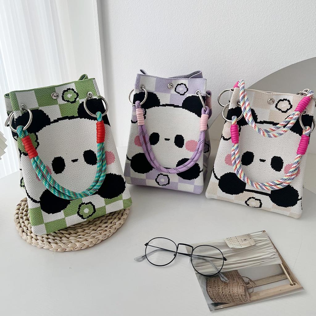 Spring Cute Red Panda Knitted Bucket Bag Female Cartoon Versatile Hand Bag Commuting Portable Handbag