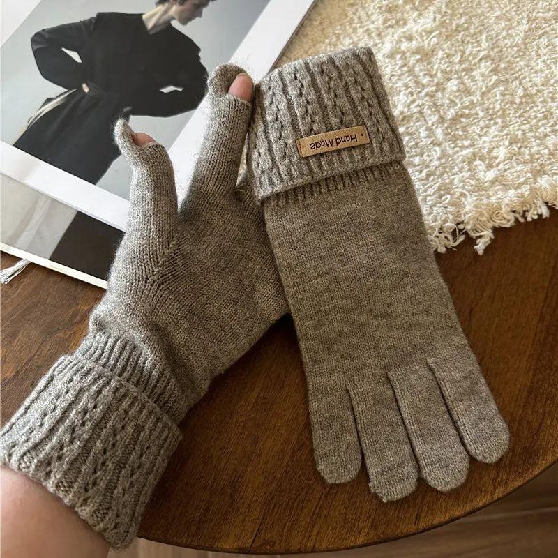 Winter Knitted Gloves Windproof Warm Women Touch Screen Driving Gloves Thickened Elastic Anti-Cold Full Finger Cycling Gloves
