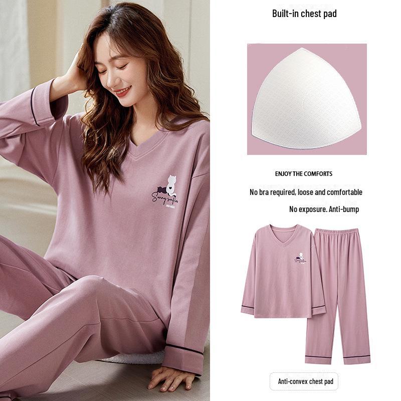 Pijama feminino de manga comprida com estampa de desenho animado e protetores de peito - algodão fino para uso interno/externo na primavera, outono e inverno