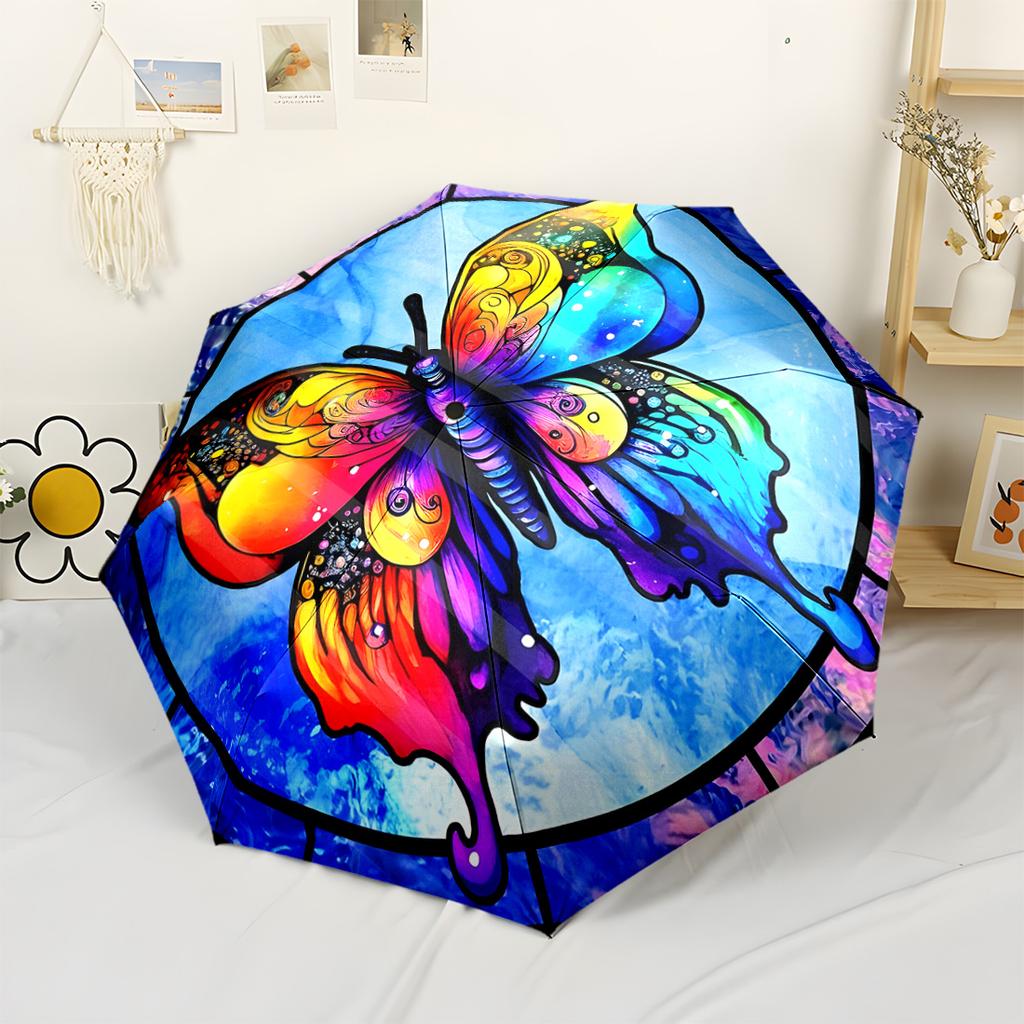 Colorful Butterfly Stained Glass Portable Automatic Umbrella with 8-Rib Lightweight All-Season Travel Fashion Lovers Perfect Gift for Women/Men
