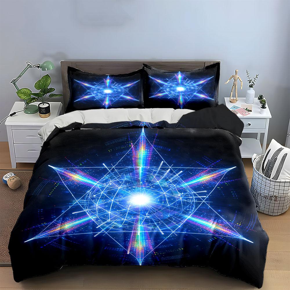 3Pcs Neon Geometric Bedding Set, Rainbow Light Star Pattern Print Duvet Cover + 2 Pillowcases, Techno Vibe Home Decor