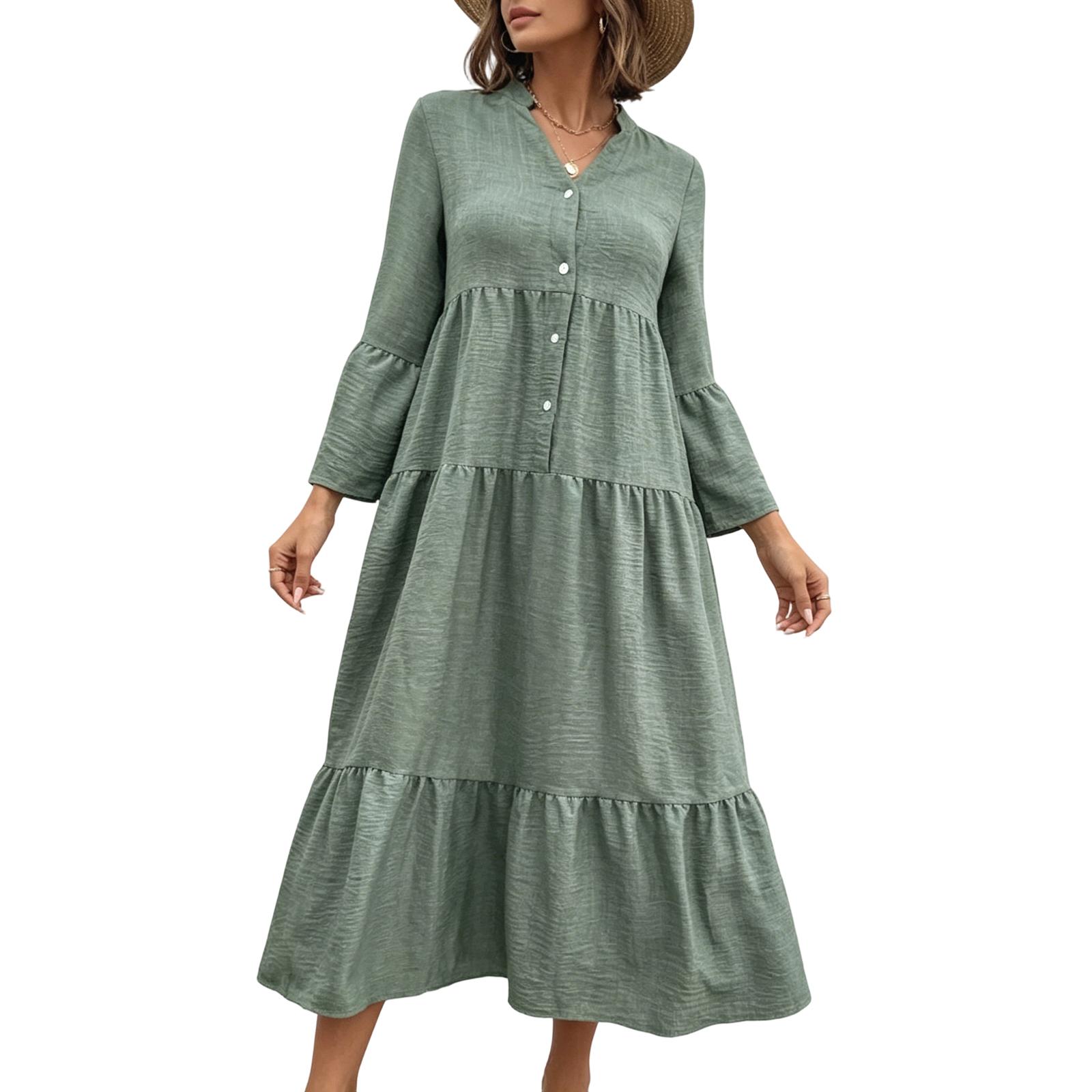 

Women s Fall Long Sleeve Maxi Dress V Neck Hollow Out Eyelet A Line Long Casual Party Dresses L армия зеленый