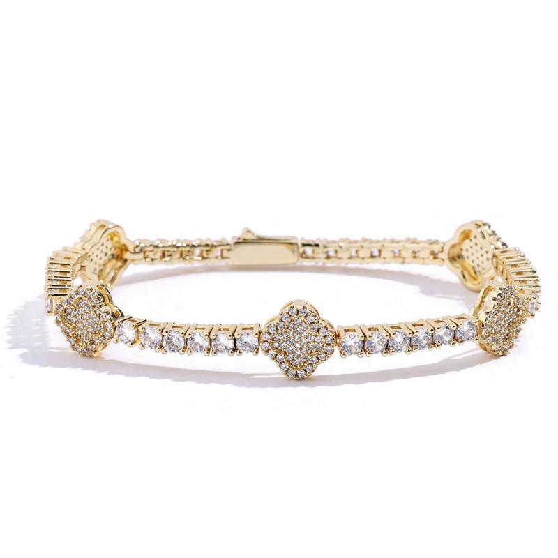 Hip Hop CZ Tennis Chain Clover Bracelet Men Women Gold White Copper Adjustable 7-9 Inch 717.78cm золотой