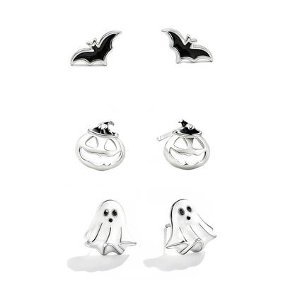 High-End S925 Silver Ghost Pumpkin Bat Halloween Earrings: Unique Minimalist Cartoon Studs for Women