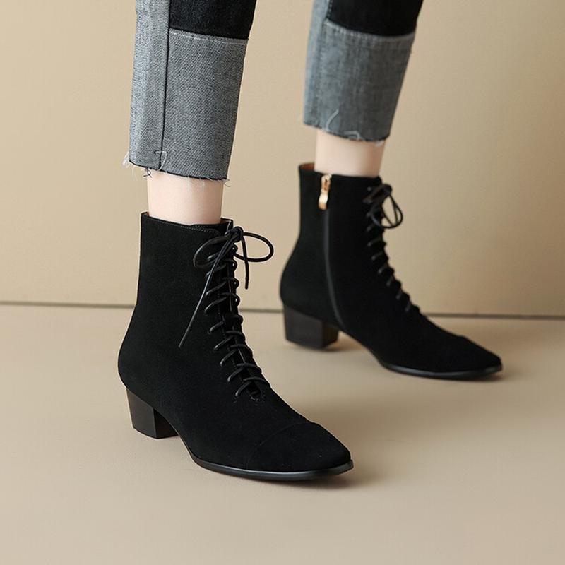 Fashion NEW Autumn Women Boots Kid Suede Leather Shoes for Women Round Toe Chunky Heel Shoes Lace-up Zip Ankle Boots Comfort Daily Shoes