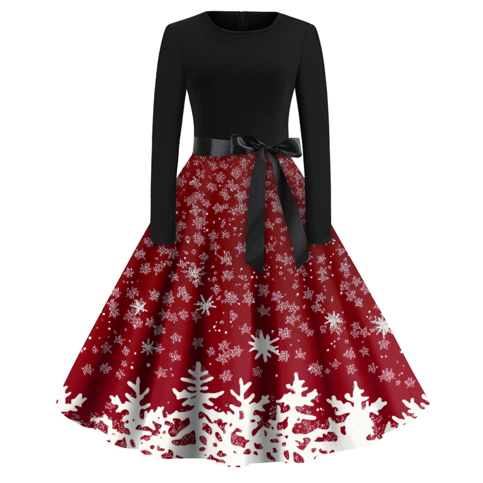 

Рождественский принт расклешенное платье для женщин платье с длинным рукавом полые вечерние повседневные платья S красный