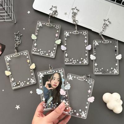 MINKYS 3 Inch Transparent Clear Acrylic Star Wings Kpop Photocard Holder Photo Card Holder Bag Pendant School Stationery