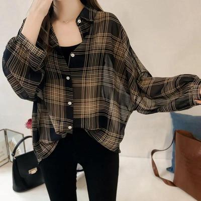 Nová móda Letné dámske oblečenie na ochranu pred slnkom Šifónová košeľa Kockovaná retro košeľa Top Blúzka Ženy