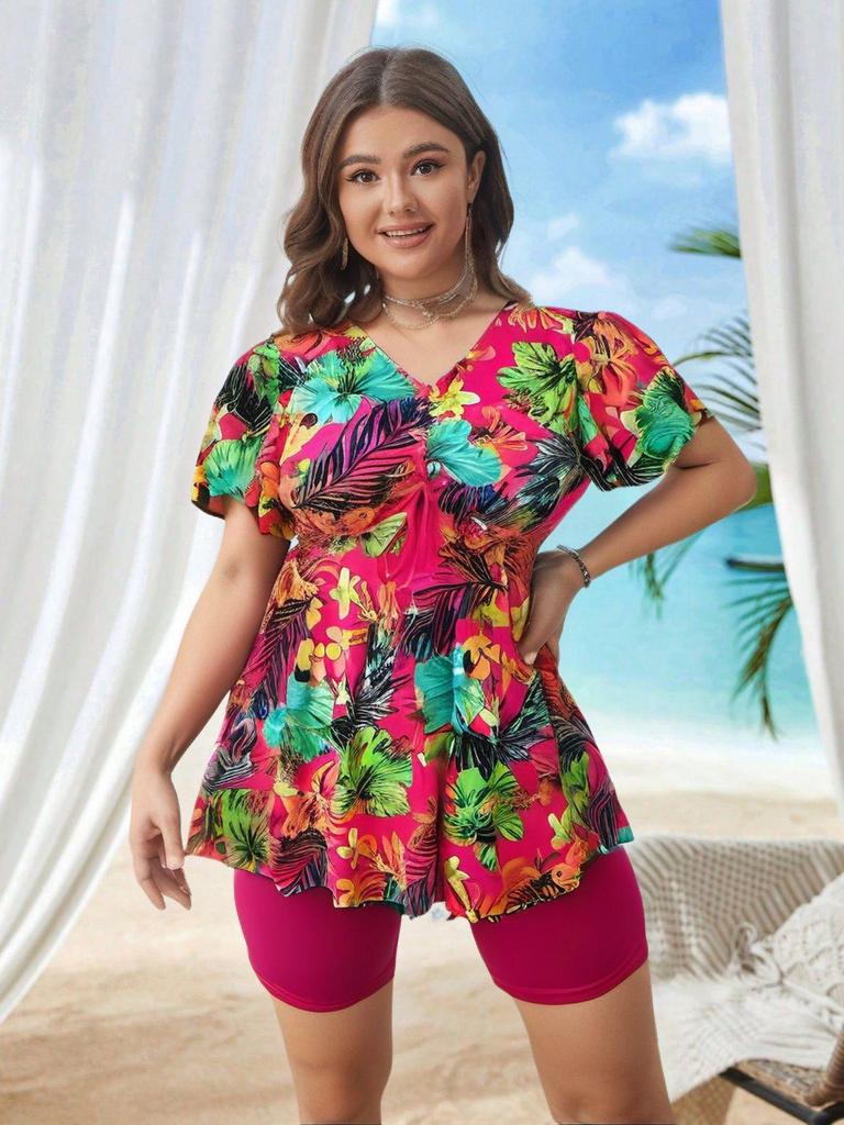 Európsky a Americký Plus Size Kvetinový Sukňový Tankini a Boxerky, Červený