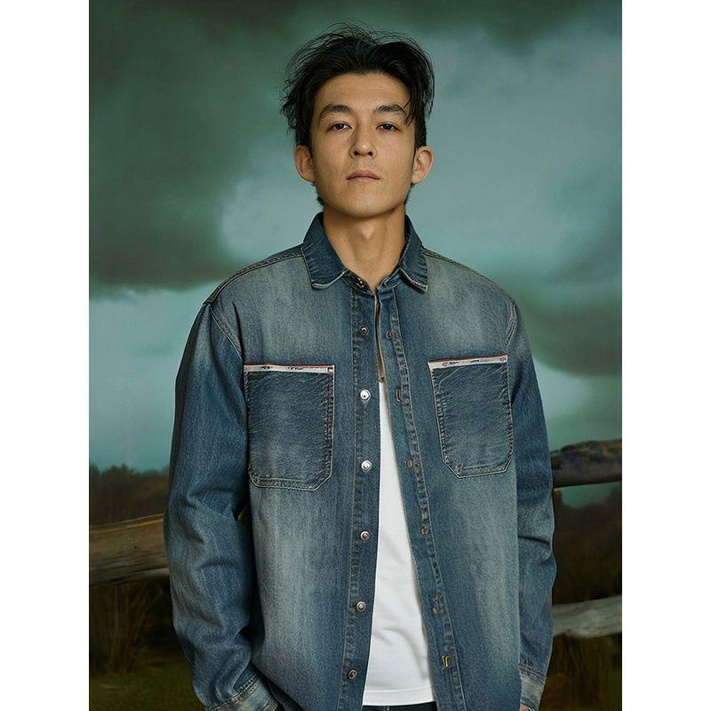 American Retro Heavy Weight Parka Denim Shirt Jacket Bandage Dress Inner Wear Men Long Sleeves Autumn and Winter Foreign Trade Men's Shirt