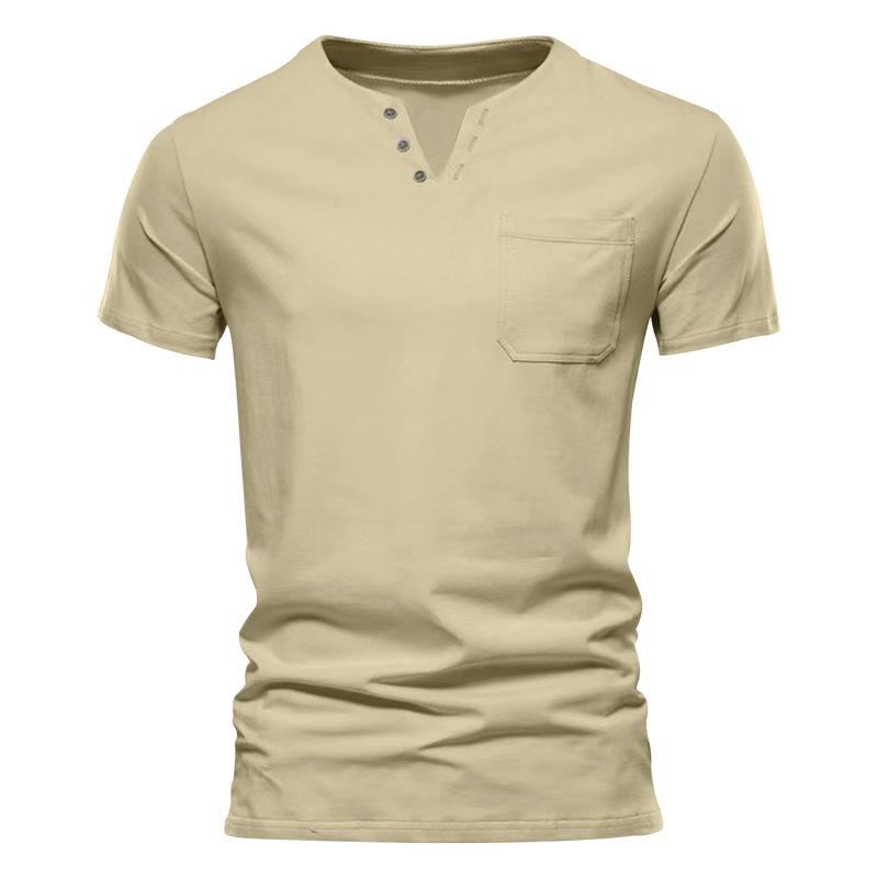 Summer Casual T-shirt Men's Fashion Trend Sports Slim Solid Color V-neck Pocket Men's Top
