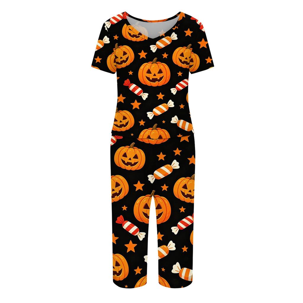Women Two Piece Halloween Print Outfit Short Sleeve Top and Capri Pants Set Comfortable Casual Sportswear