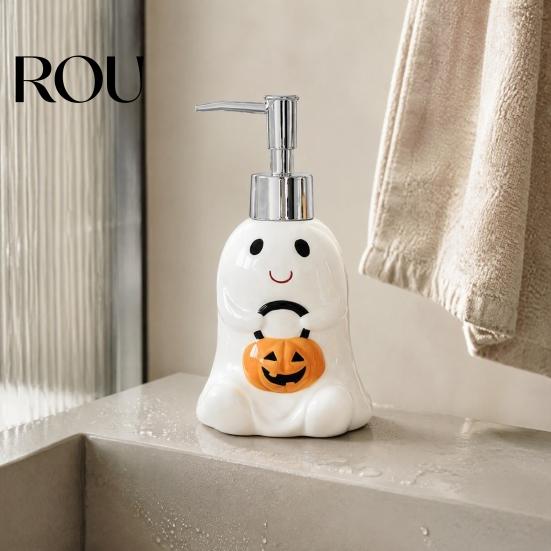 Empty Lotion Container Halloween Ceramic Ghost Soap Dispenser, with Stainless Steel Pump, Pumpkin Refillable Hand Bottle Liquid Container, Shower Gel