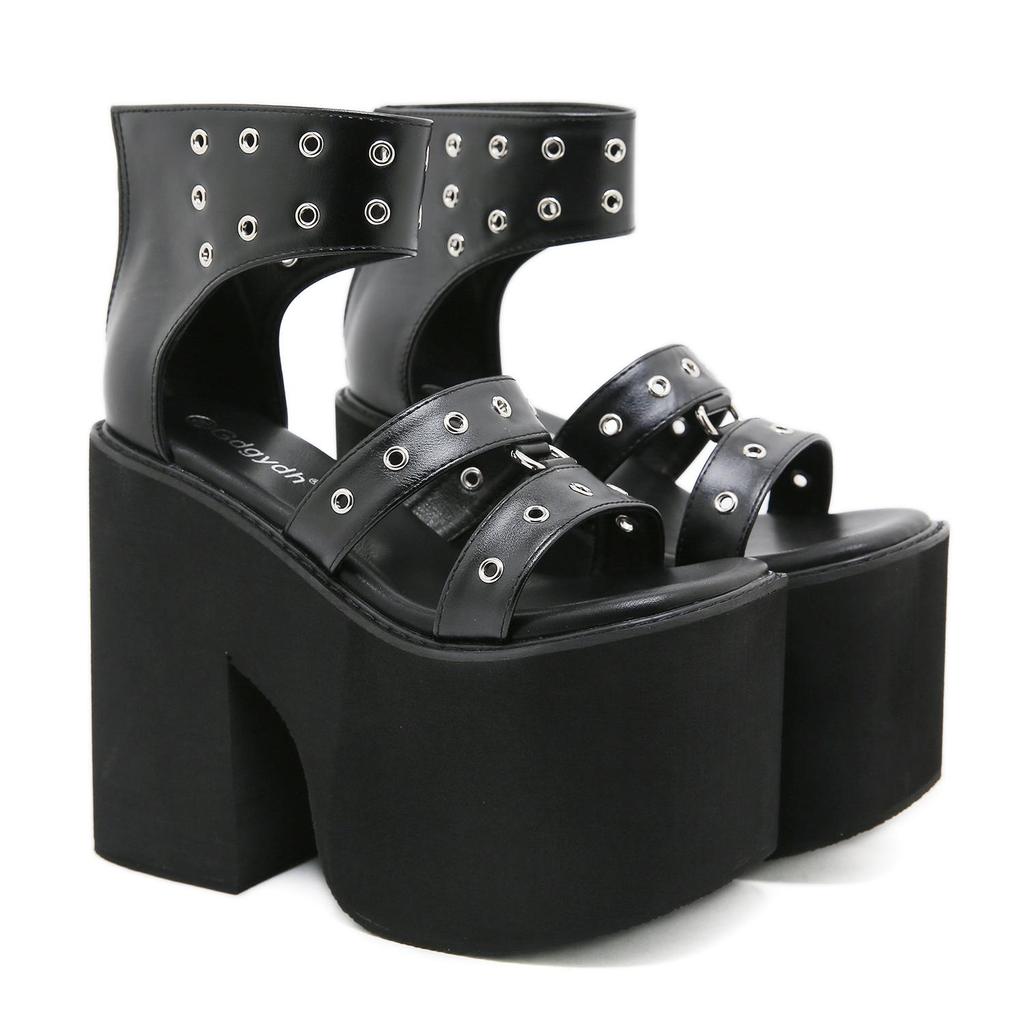 Gdgydh Black Punk Gothic Platform Sandals Open Toe Buckle Strappy Sexy Rivets Thick Heels Footwear Summer Shoes for Women