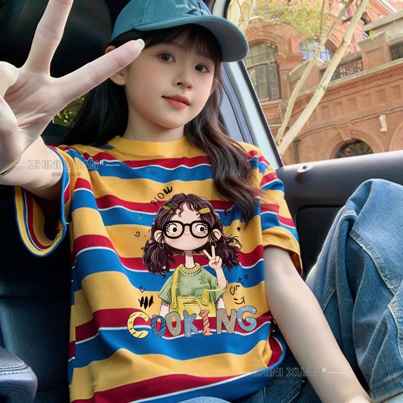 Dopamine Blue Striped Patchwork Girls  Short Sleeve Cotton T-shirt 100cm [In Stock]
