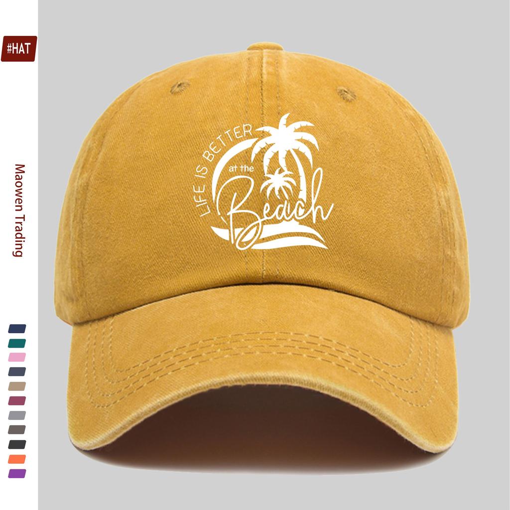 Pc Vintage Beach Vacation Print Baseball Cap Sweet Vacation Style Decorative Papa Hat Trucker Sun Hat Washed Buckle Strap Ad