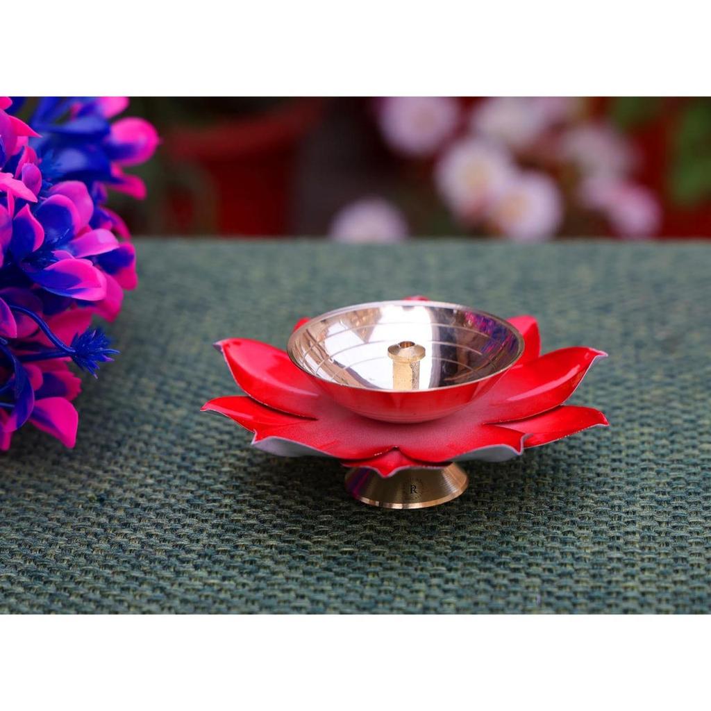 Lotus Flower Shaped Diya - Pack of 1 | Pure Brass Metal Made Metal Diya In Beautful Golden and Red Finish | Ideal for Home, , & Temple Madnir Use