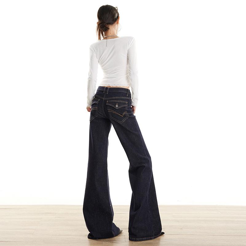Retro Anti-Fade Denim Blue Low-Rise Micro-Flare Jeans with Irregular Design