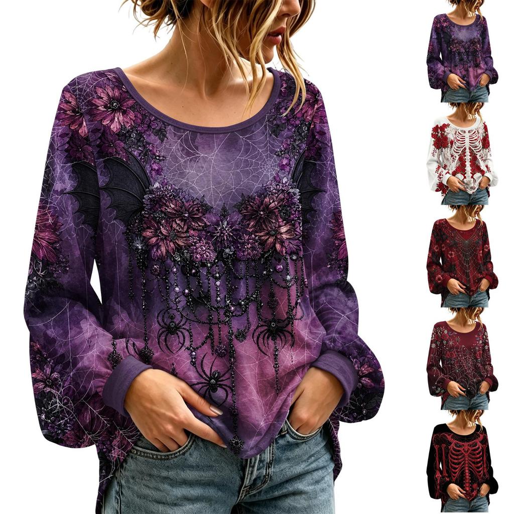 Women's Round Neck Long Sleeve Halloween Print Blouse Top for Party Wear