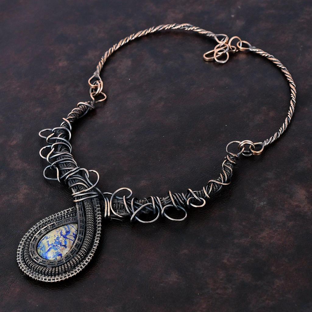 Azurit Malachit Halskette Kupferdraht umwickelt Verstellbare Halskette Kupferschmuck Edelsteinkette zum Geschenk Handgefertigt Drahtumwickelter Schmuck
