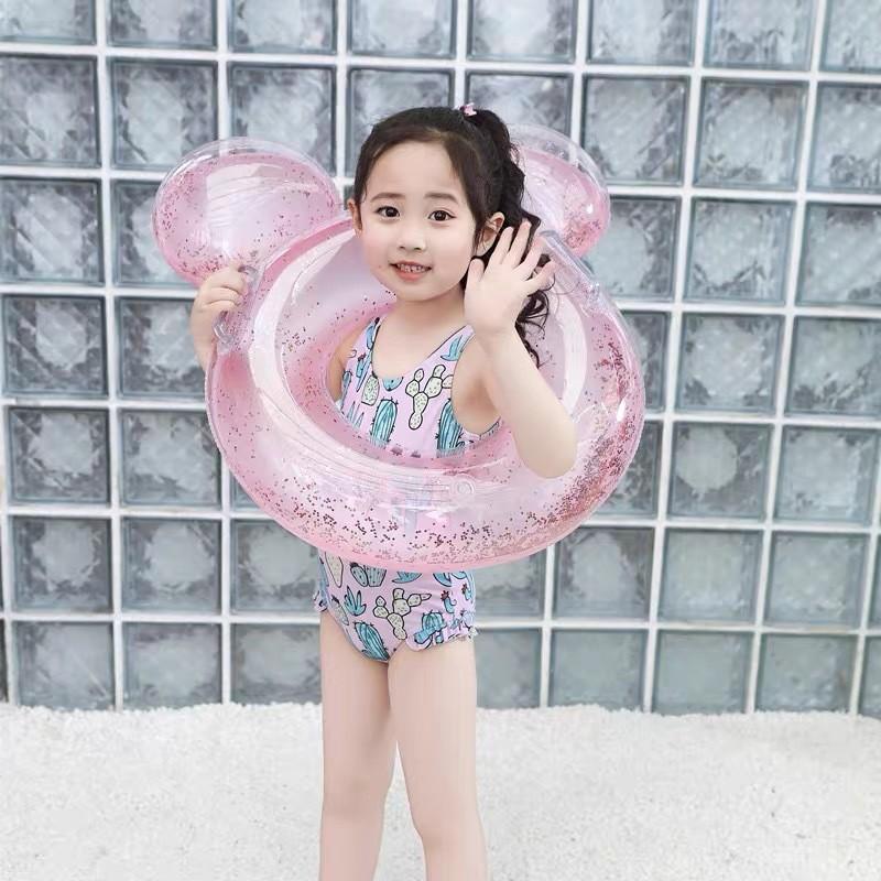 Cartoon Childrens Thickened With Handles Sequins Pink Ears Swimming Rings