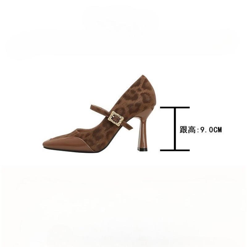 Fashion New Mary Jane Women's High Heels 2025 Thin Heels Sexy Fashion Leopard Shoes Women Square Head Buckle Strap Pumps High Quality