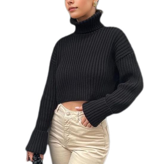 Women Sweater High Collar Flared Long Sleeve Short Knitting Tops Solid Color Loose Fit Ribbed Casual Knitwear