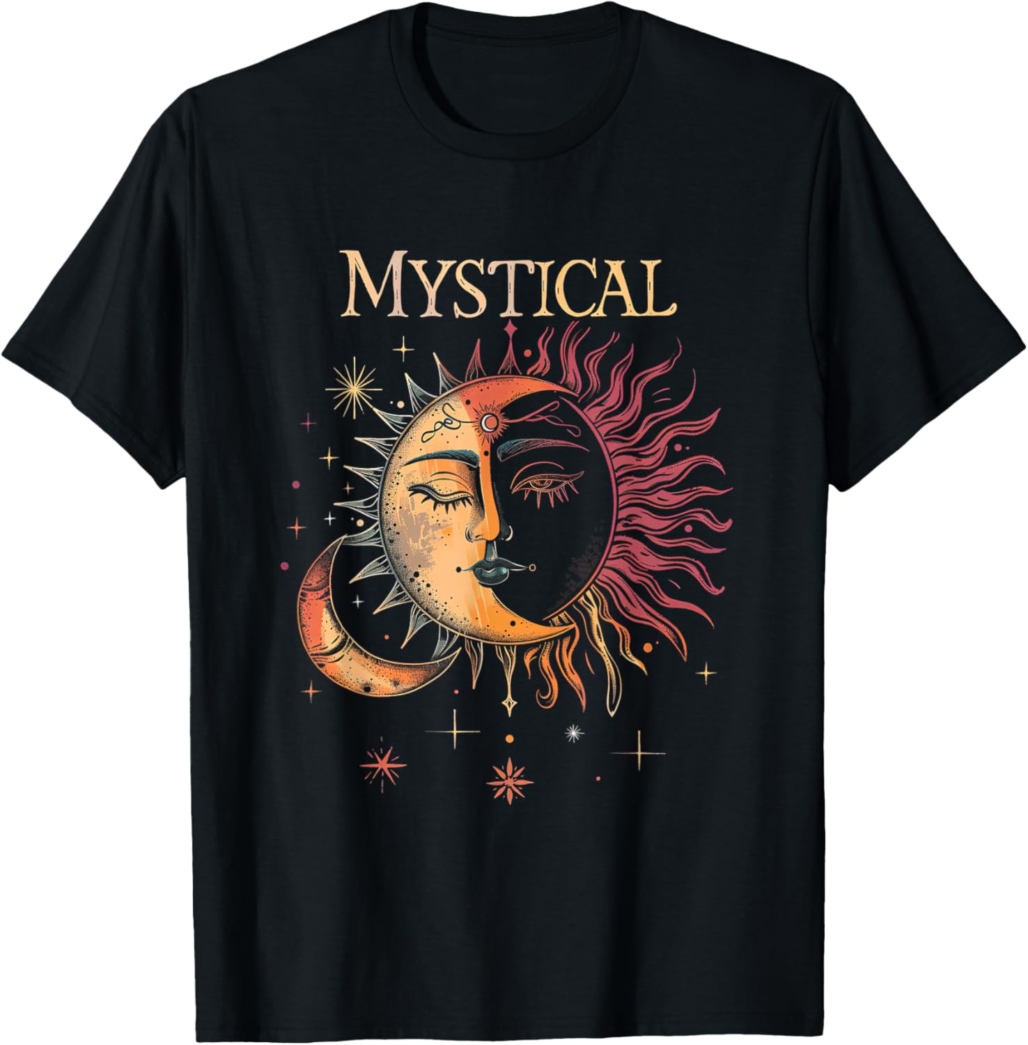 

Mystical Sun And Moon Celestial Face Graphic T-Shirt Casual Cotton Crewneck Tee 4XL