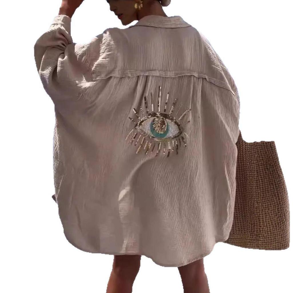 European & American Cross-border Women's Long Sleeve Cotton Linen Casual Shirt with Turn-down Collar