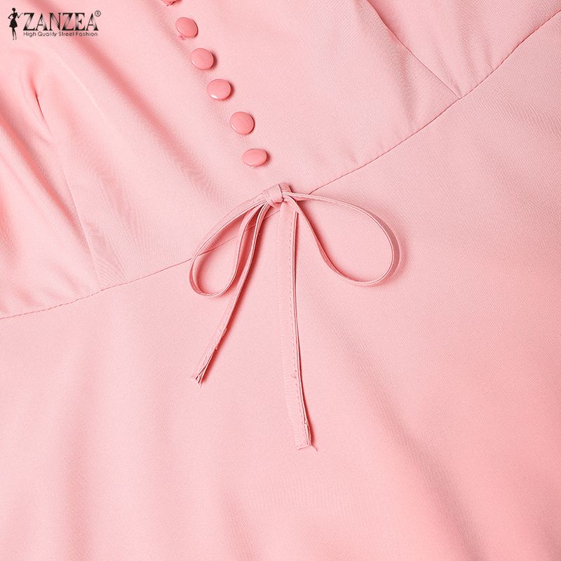 ZANZEA Women Casual Square Collar Splice Short Sleeve Elegant Dress