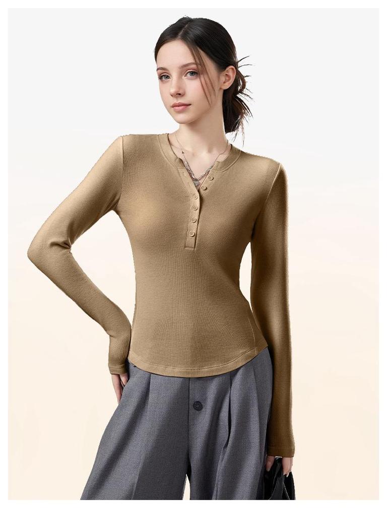 2025 A/W V-neck German Velvet Women's Slimming Long Sleeve Top with Buttons - Korean Style