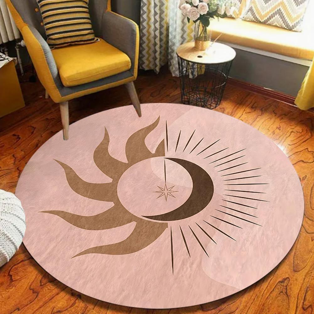 Sun Round Rug Spiritual Floor Carpet Moon Non Slip Circle Rugs Mystic Anti Slip Mat Solid Area Rugs Beige Rug For Living Room