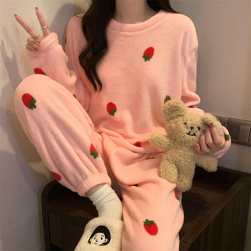 Autumn and Winter New Coral Velvet Pajamas Homewear Suit Female Cute Padded Thickened Warm Flannel Pajamas Homewear Suit