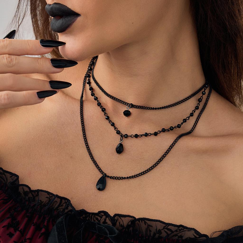 Vintage Gothic Black Crystal Pendant Necklace, Hip Hop Trend Metal Chain Stacked Necklace.