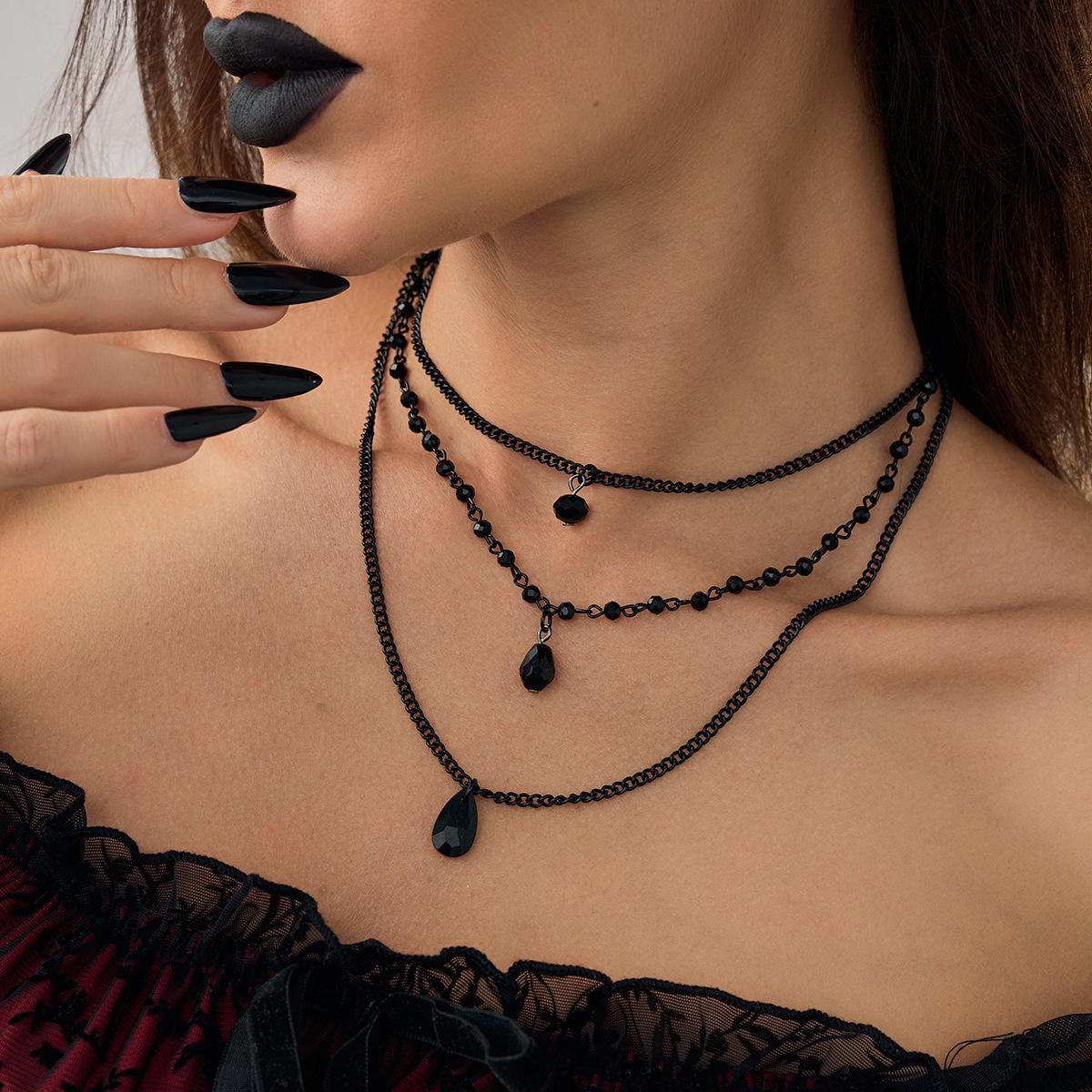 Винтажное готическое черное хрустальное колье-подвеска, Хип-хоп тренд, Металлическая цепь, Многослойное колье.