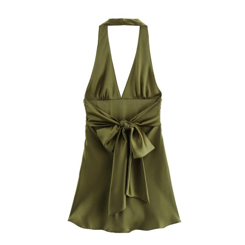2025 Summer V-neck Halter Backless Silk Satin Tie-Up Mini Dress