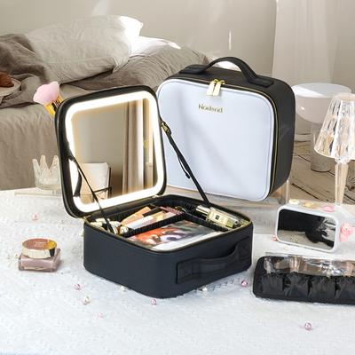 Reise-Make-up-Tasche mit LED-beleuchtetem Spiegel, 3 Farbszenarien, einstellbare Helligkeit, mit DIY-Unterteilungen, Kosmetiktasche Geschenk