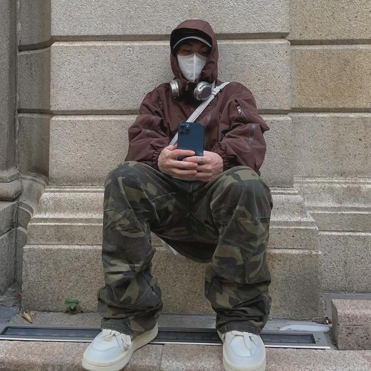 2023 High Waist Retro Military Green Camouflage Wide-Leg Jeans