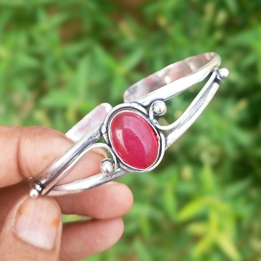 Pink Agate Gemstone 925 Sterling Silver Plated Cuff Bracelet/ Bangle HCWB-B12