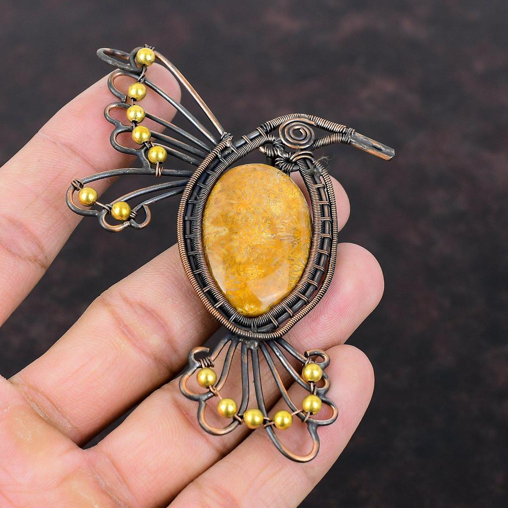 Fossil Coral Pendant Copper Wire Wrapped Pendant Gemstone Copper Jewelry Handmade Pendant Fossil Coral Jewelry Anniversary Gift Bird Pendant