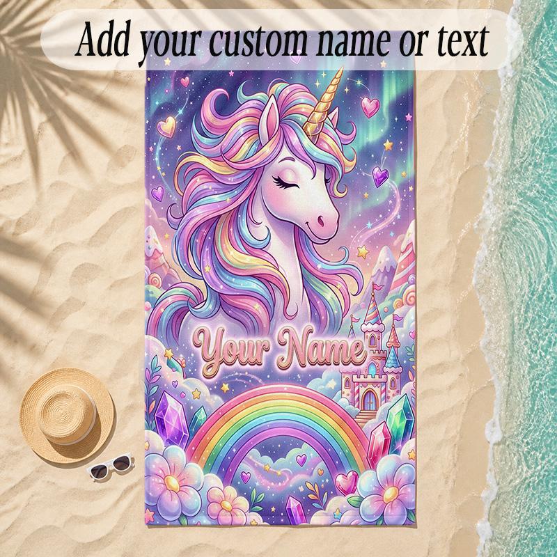 Unicorn Theme Soft Beach Towel Personalized Custom Name Text Towel Portable for Beach Pool Travel