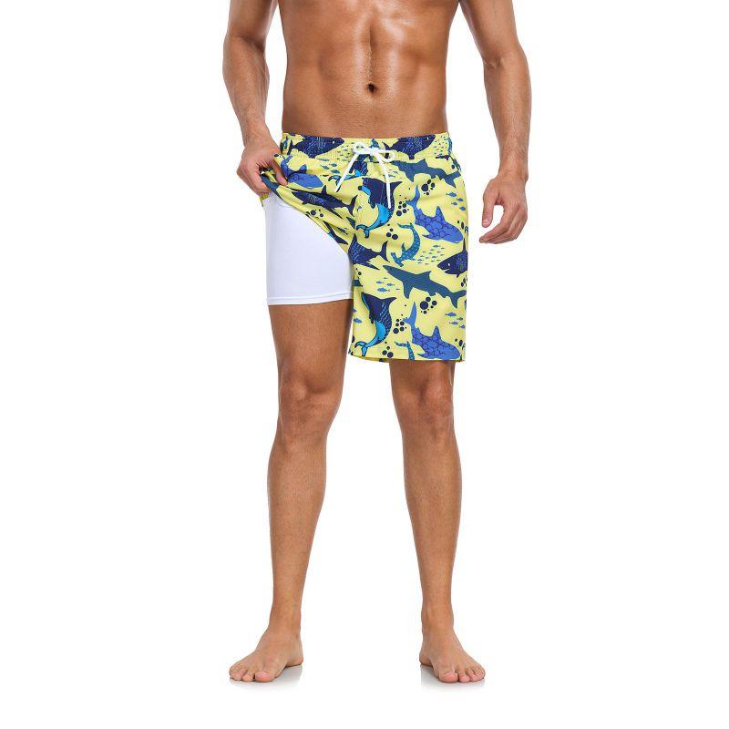 Men's Double-Layer Printed Beach Shorts Drawstring Swim Trunks