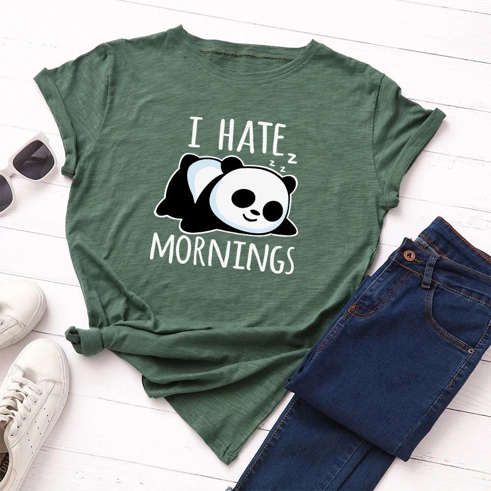 I HATE Mornings Letter Panda Print T Shirt Women Short Sleeve O Neck Loose Tshirt Summer Women Tee Shirt Tops Camisetas Mujer