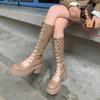 Fashion Women's breathable hollow mesh boots, genuine leather high-top knight boots, knee-high heels, light and cool, 2025