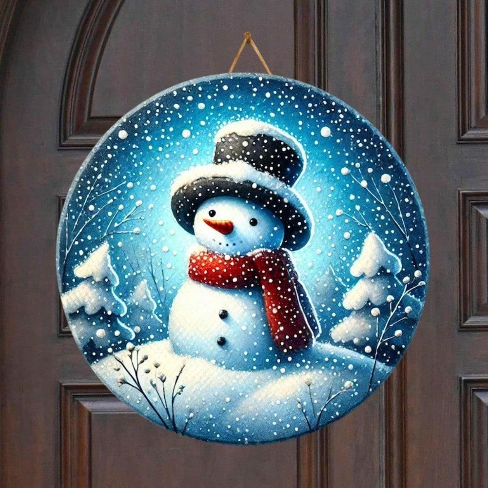 Snowman Christmas Welcome Tin Sign Round Ornament Wreath Home Wall Decor 20x20