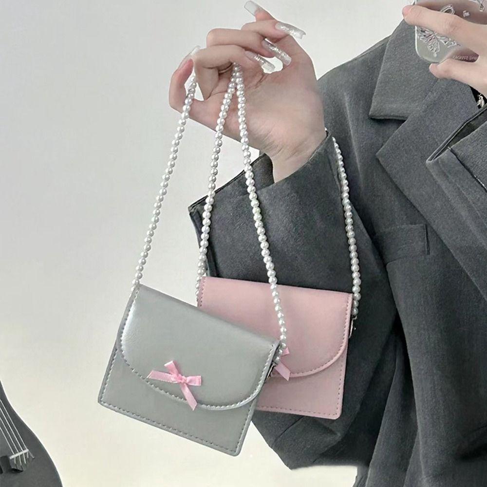 

Bowknot PU Leather Card Holder Mini Pearl Chain Handbag Elegant Bow Coin Purse Outdoor